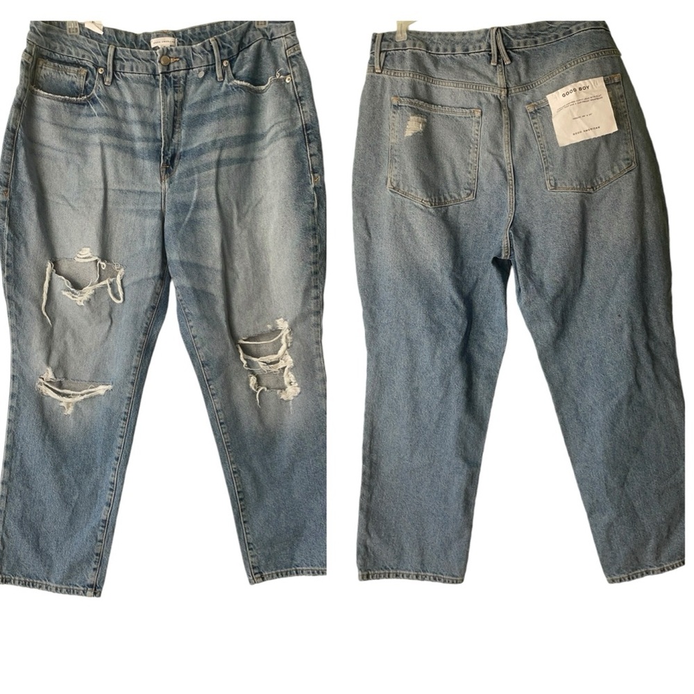NWT Good American Good Boy Distressed High Rise Jean SN: GB050T Indigo Size 16 - Picture 3 of 17